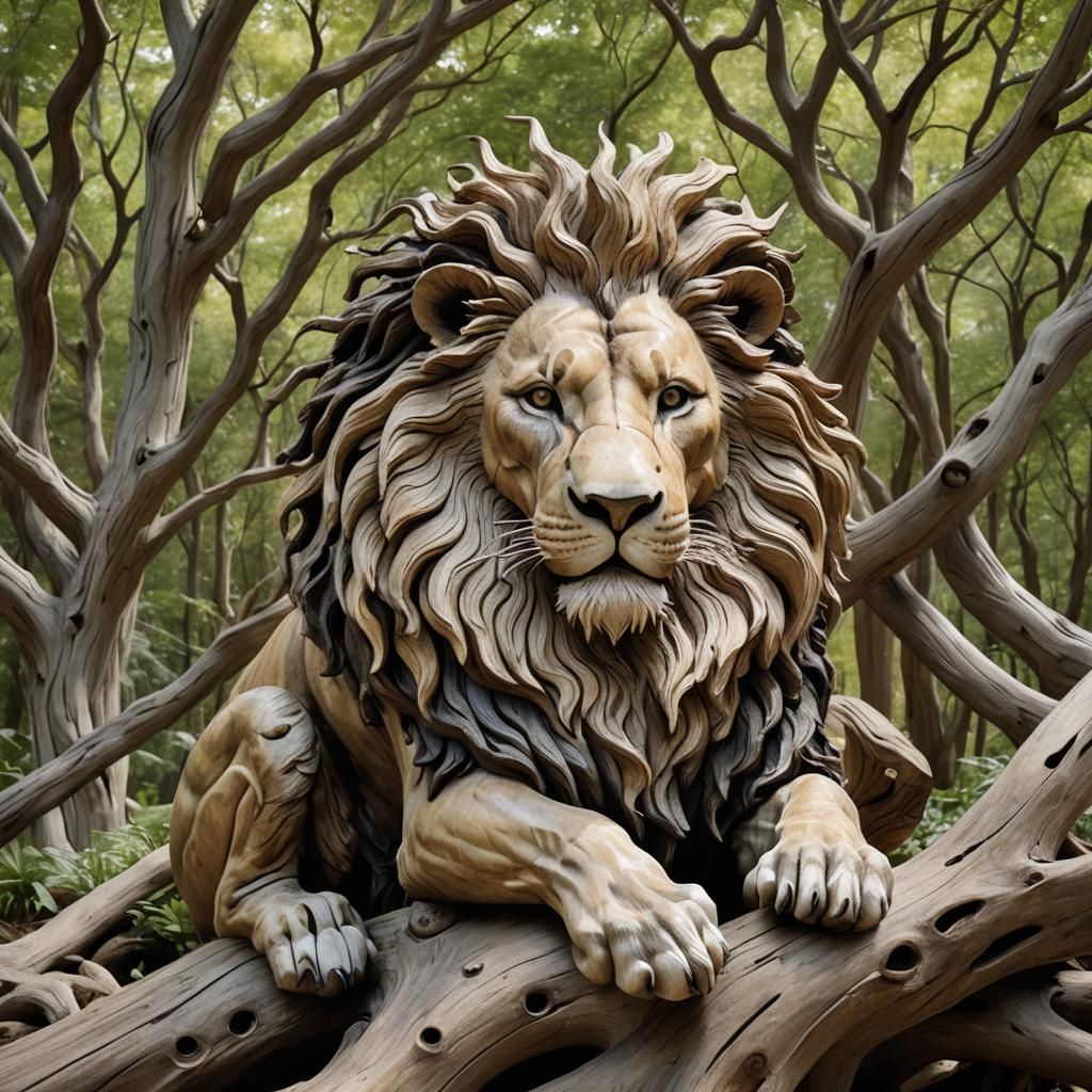 Driftwood Lion Sculpture in Minimalist Forest