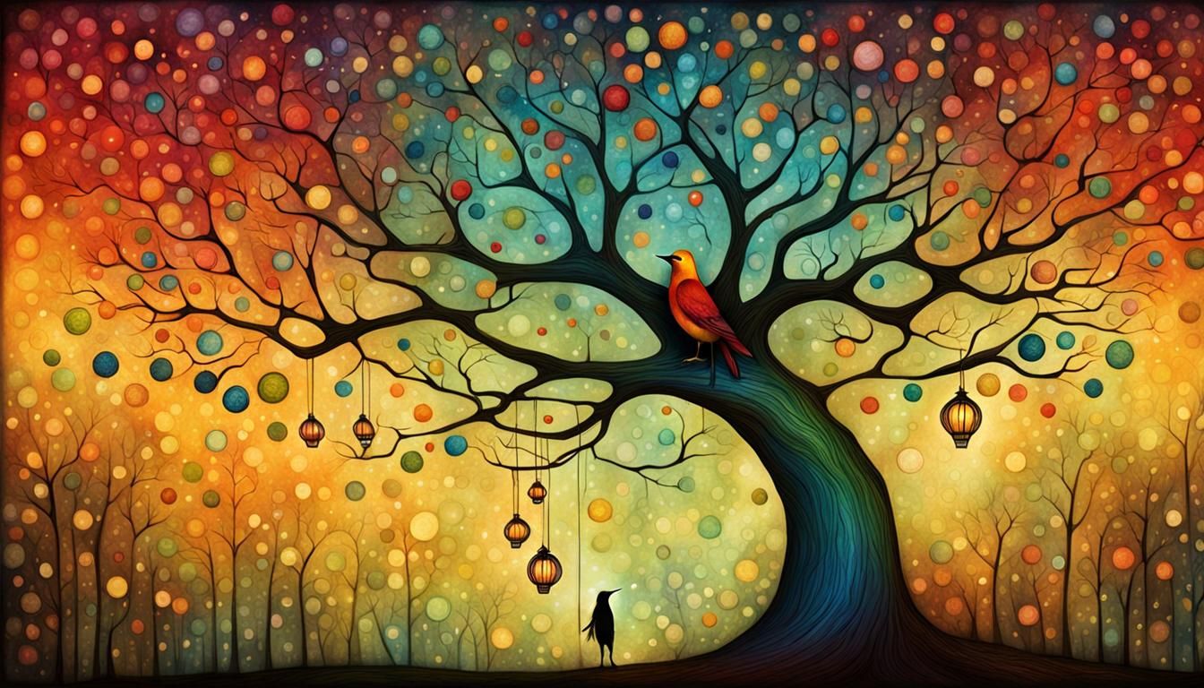 Colorful Songbird in Tree, Surrealist Style