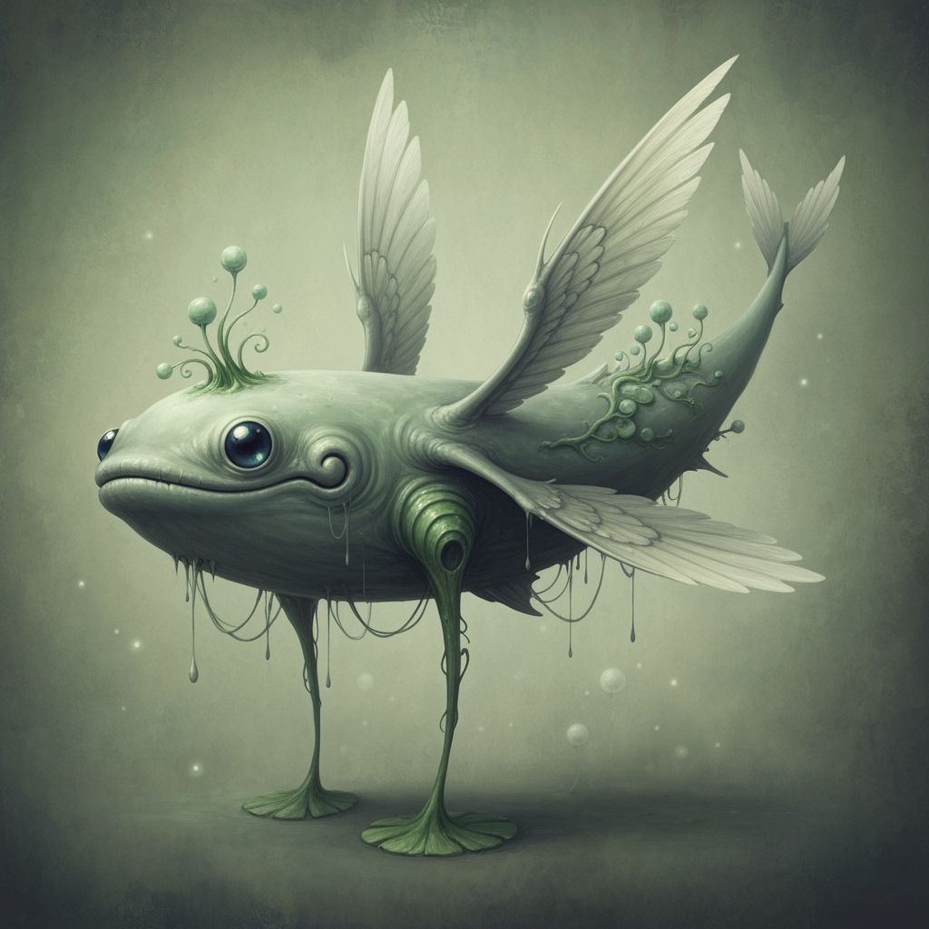 Mystic Winged Whale Painting with Alien Plant Elements