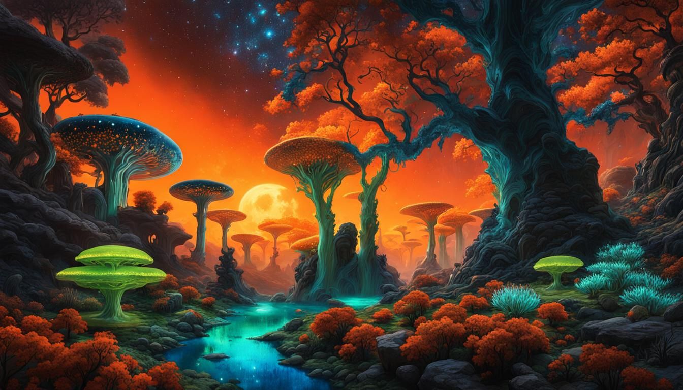Bioluminescent Garden Under Cosmic Sky: Psychedelic Fantasy ...