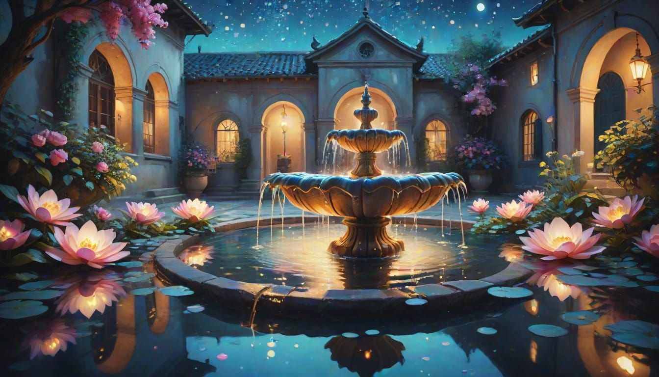 Glowing Fountain in Moonlit Courtyard: Surreal Oil Painting