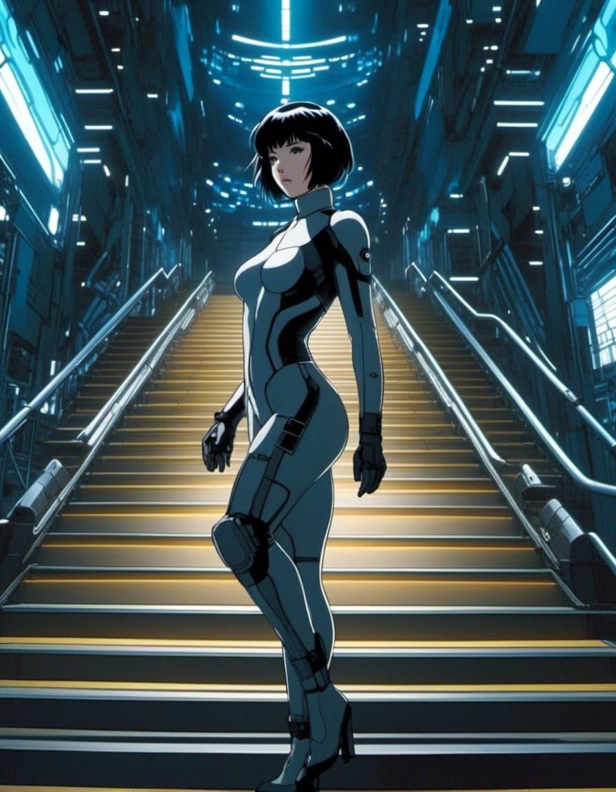 Ghost in the Shell, Motoko Kusinagi, gray stealth bodysuit on building stairs 8Kresolution <lora:Gridimation:1.0>