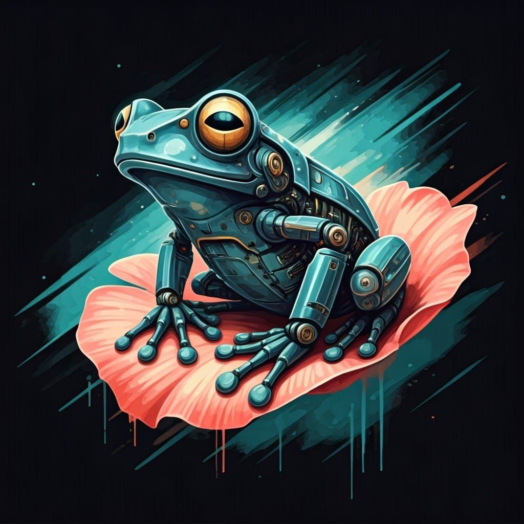 Cyberpunk Frog in Dreamlike Sumi-e Ink Landscape