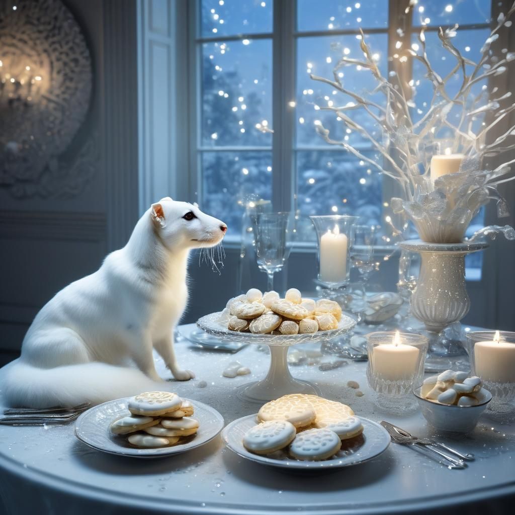 Ermine at Table with White Chocolate in 3D Render
