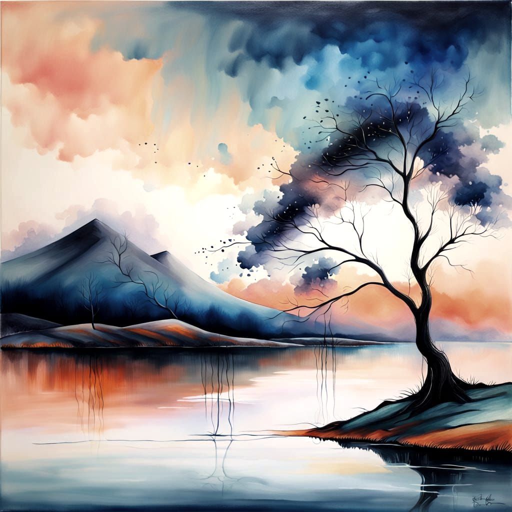 Abstract Tree Painting with Orange and Blue Gradients