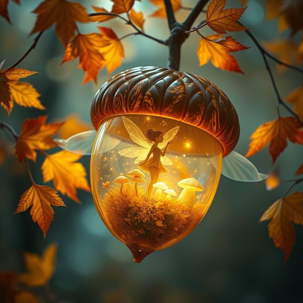 Amber Acorn Fairy in Mystical Autumn Wonderland
