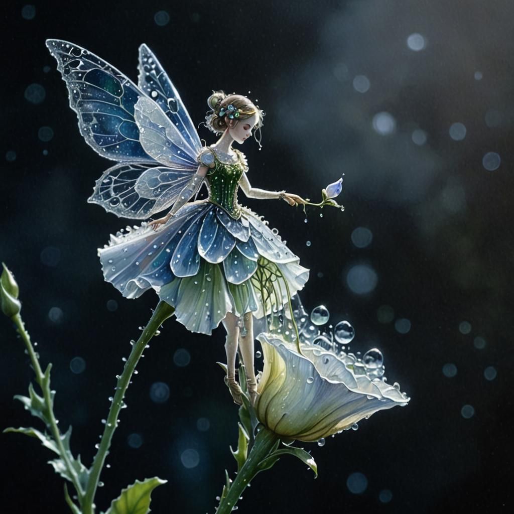 Dewdrop Fairy over Eustoma Flower in Watercolor