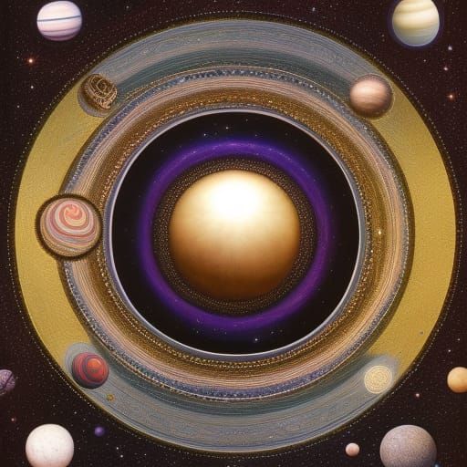 Ornate Planets in Gold and Silver, Surrealist Style