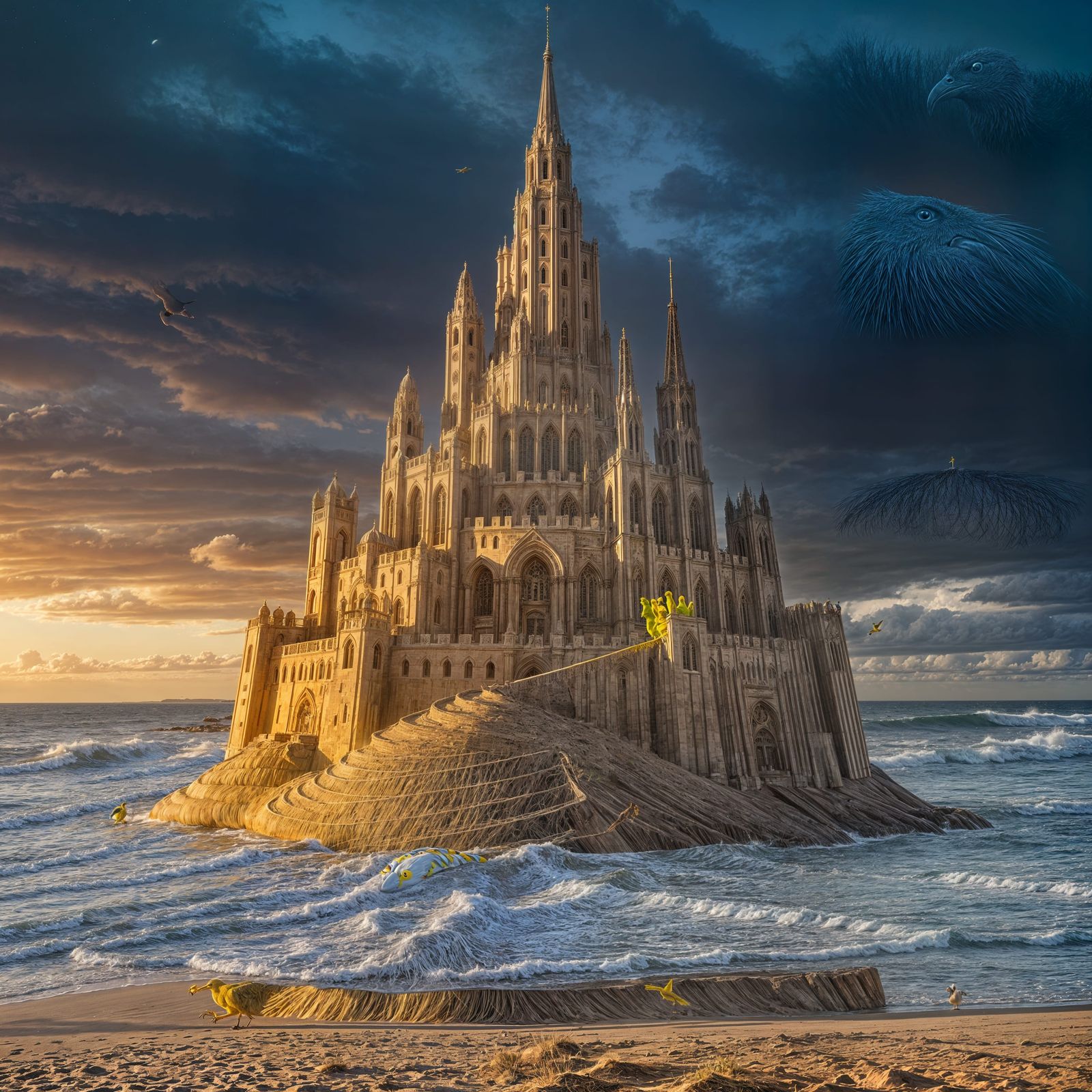 A colossal sandcastle fortress, its towers spiraling skyward, stands defiant against the encroaching tide. The architect...