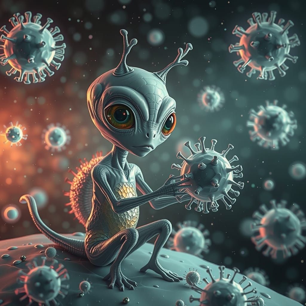 Microscopic Alien Holds Virus in Electron Microscope Image