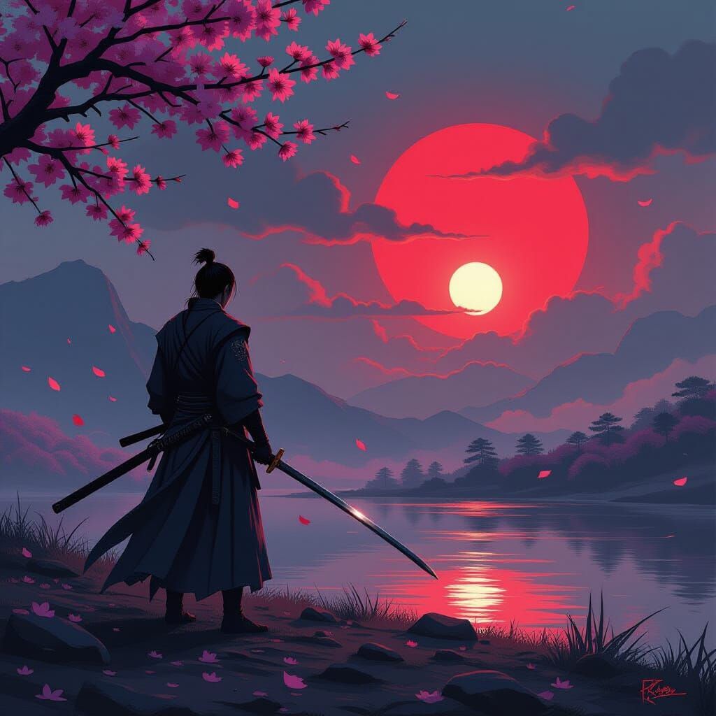 Lone Ronin on Desolate Battlefield at Sunset