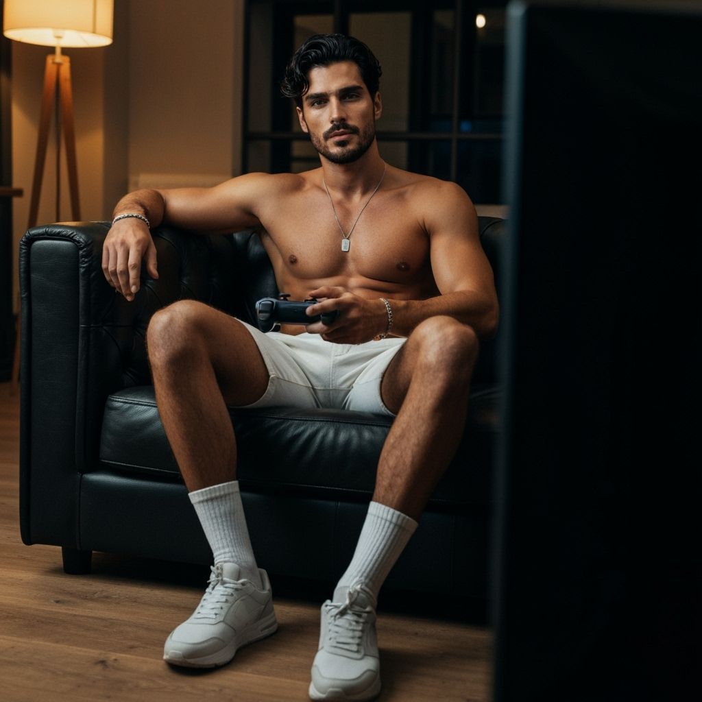 Athletic Man Playing Video Games in Stylish Apartment