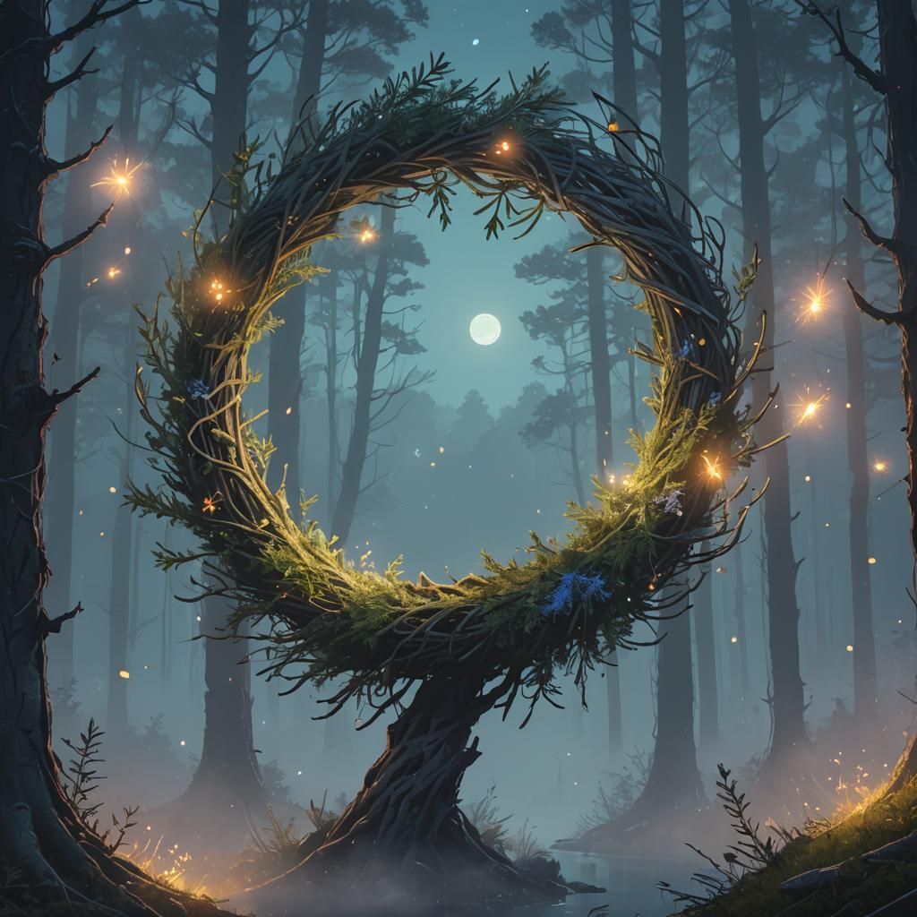 Moonlit Forest Portal with Fireflies