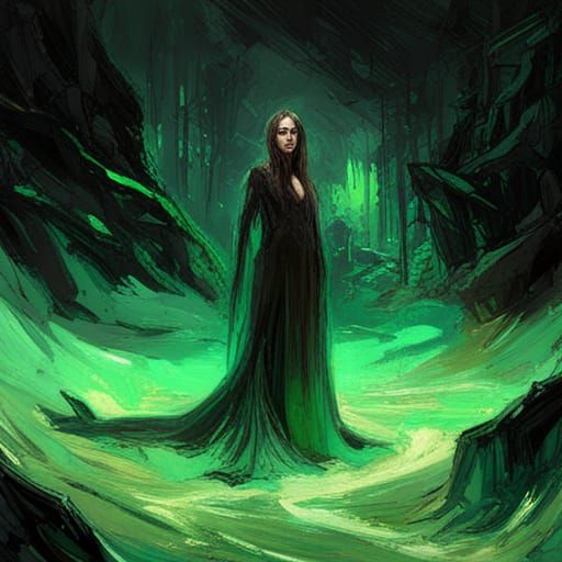 Green Swamp Witch in Detailed Oil Painting Style