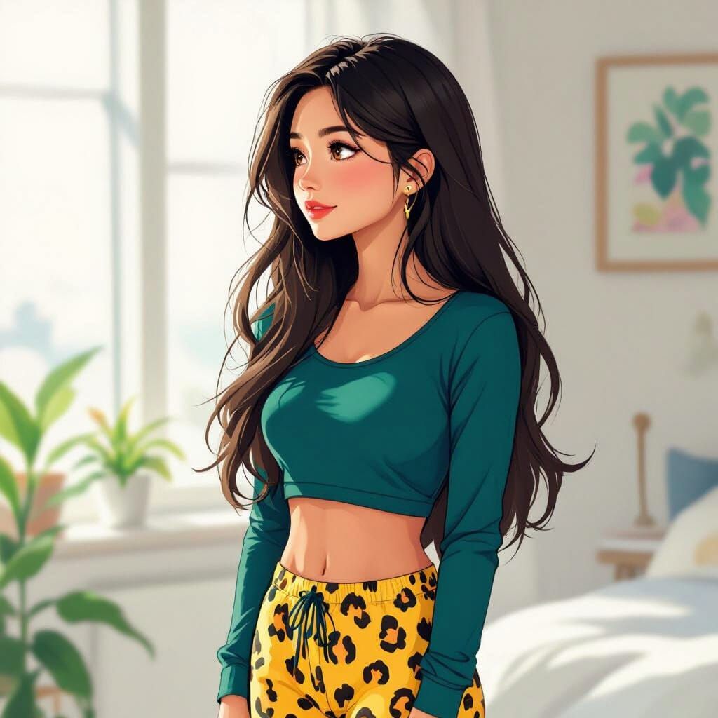 Filipino Girl in Teal and Leopard Print, Makoto Shinkai Styl...