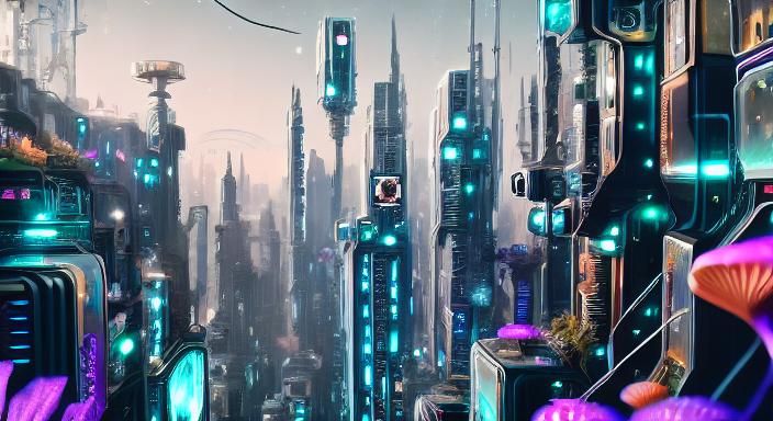Biopunk Cityscape with Cyborg Animals in Cyberpunk Style