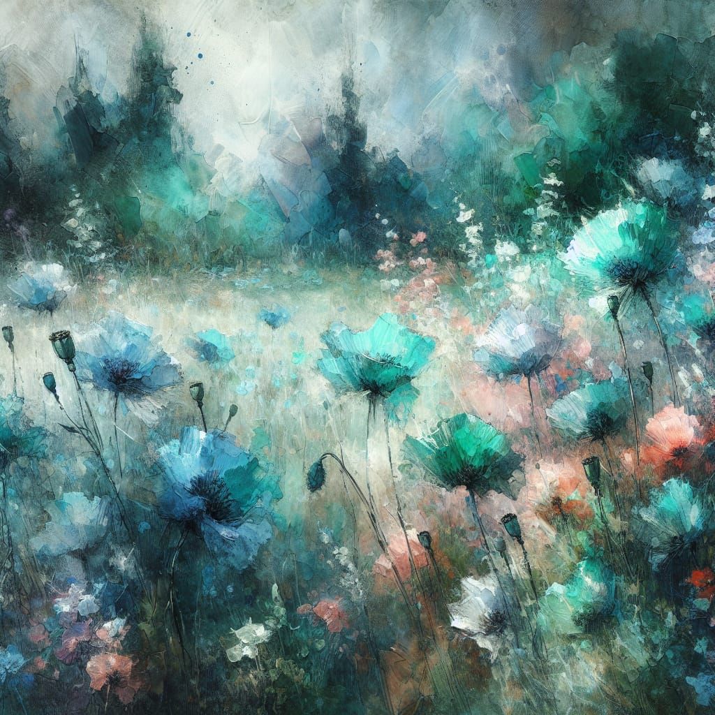 A textured, expressive watercolor painting of turquoise poppy flowers swaying in a lush, verdant meadow. The style of th...