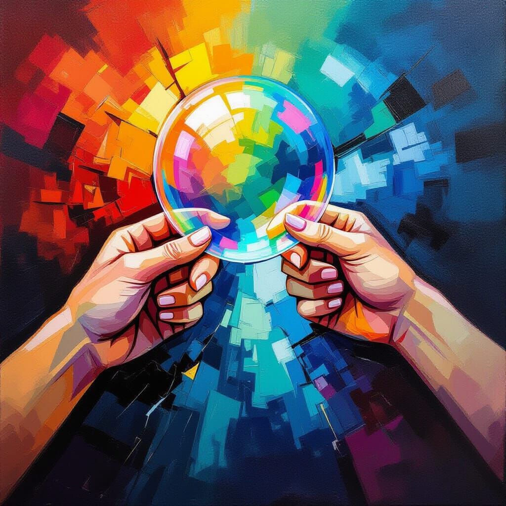 Expressionist-style painting symbolizing betrayal: two hands...