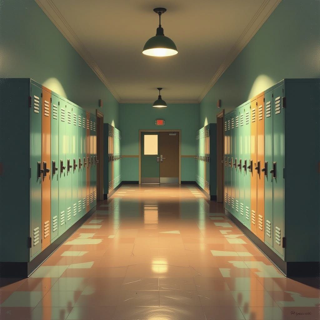 Desolate 1970s School Hallway in Hopper Style