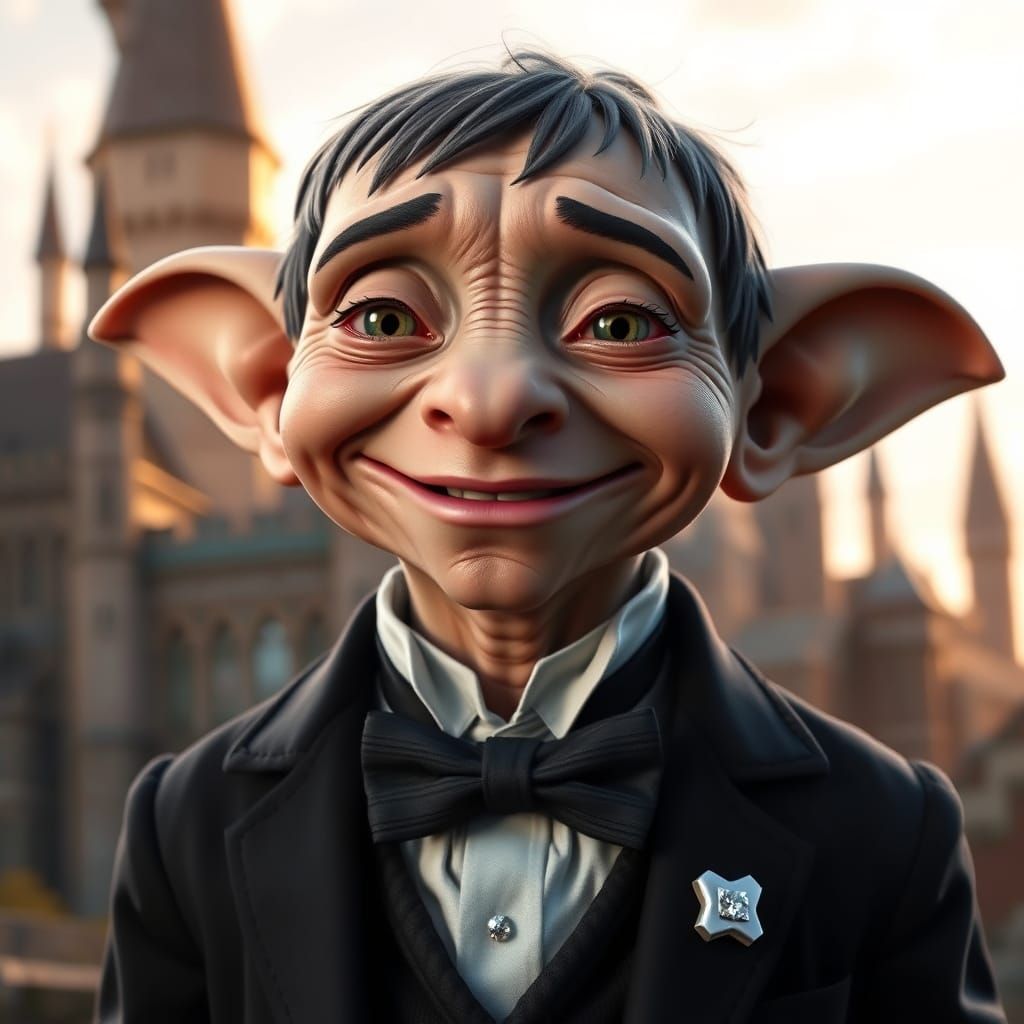 Surrealistic Portrait of Dobby in Formal Attire Against Hogw...