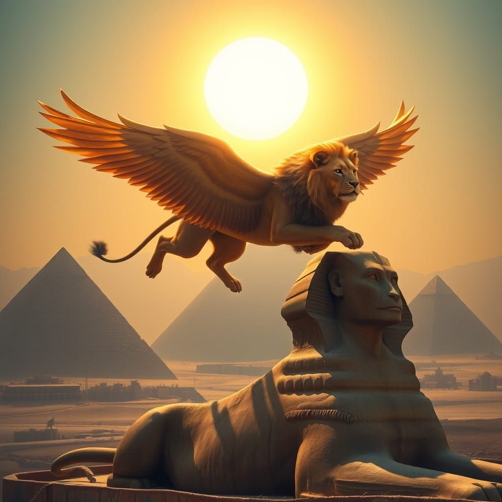 Surrealist Lion Soars Over Ancient Egyptian Pyramids