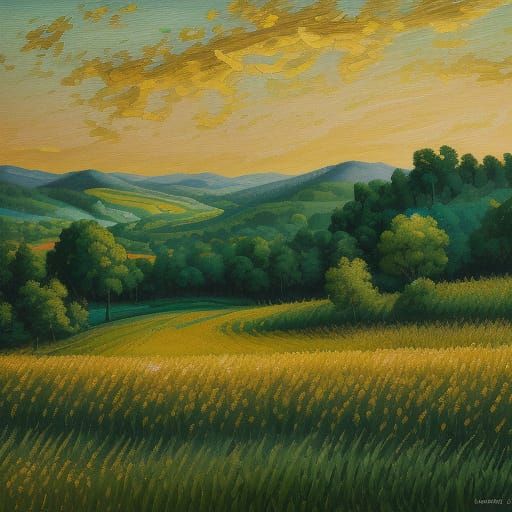 Rousseau Inspired Gouache Painting in Gold and Green