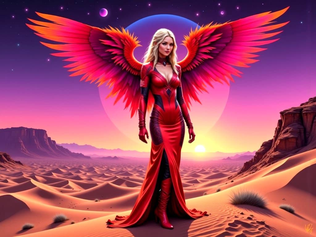 Featherborn Warrior in Arrakis Desert at Dusk