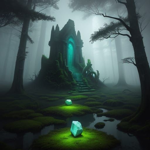 Mysterious Stone in Misty Forest: Digital Painting