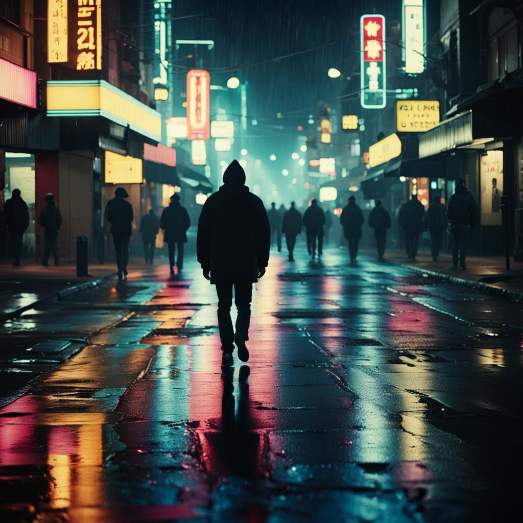 Vibrant City Streetscape at Night with Neon Reflections