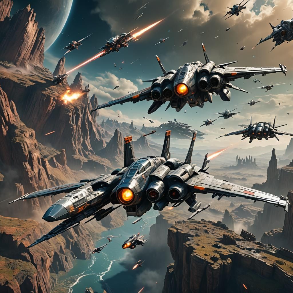 Star Fighters in Flight: Detailed Matte Painting