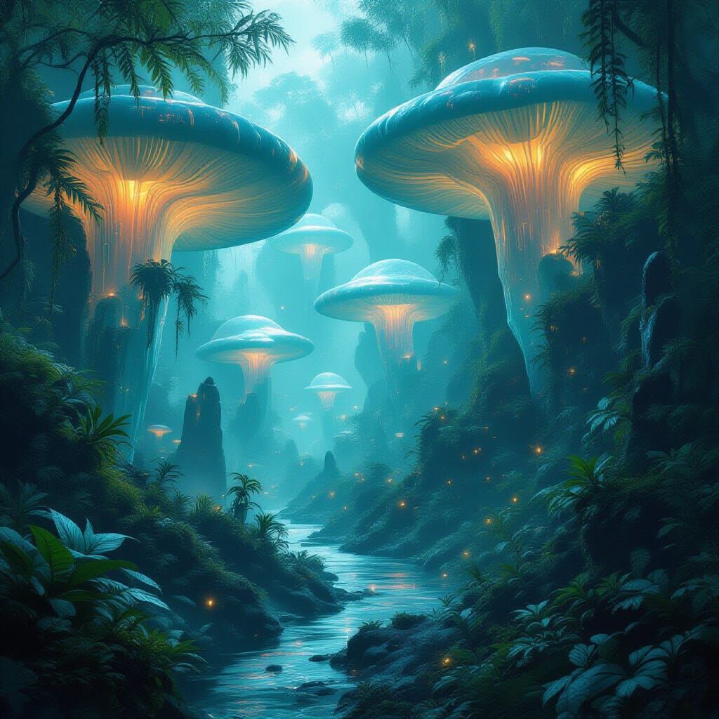 Alien Jungle with Bioluminescent Fungi and Crystal Structure...