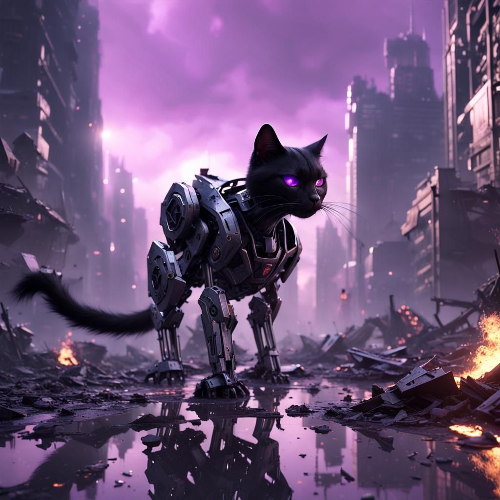 Futuristic Black Cat Walks a Metropolis Wasteland