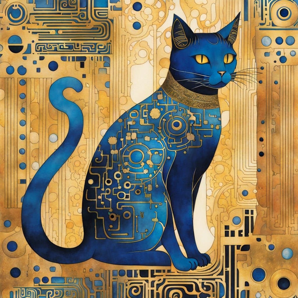 Whimsical Klimt-Inspired Cat Painting in Vibrant Watercolor