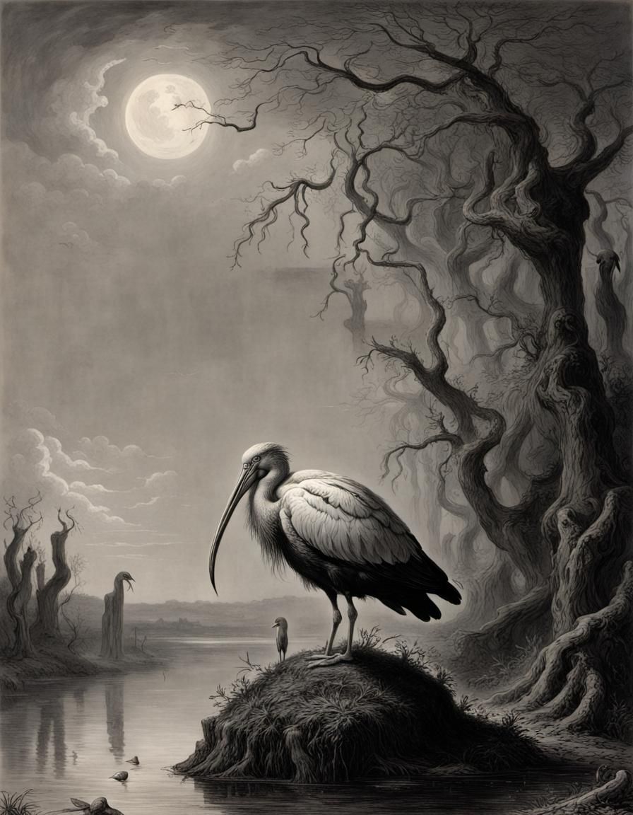 Surreal Ibis Hybrid in a Horrific Landscape