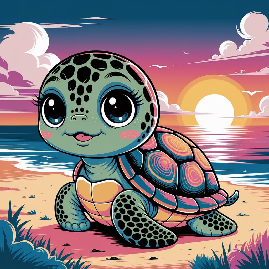 Kawaii Turtle on a Tropical Beach: Digital Illustration