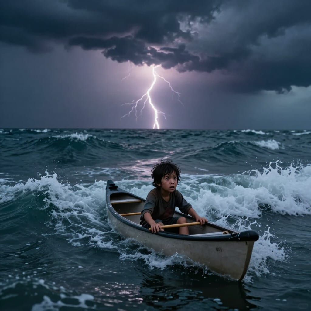 Scared Child Lost in Canoe Amidst Ocean Storm