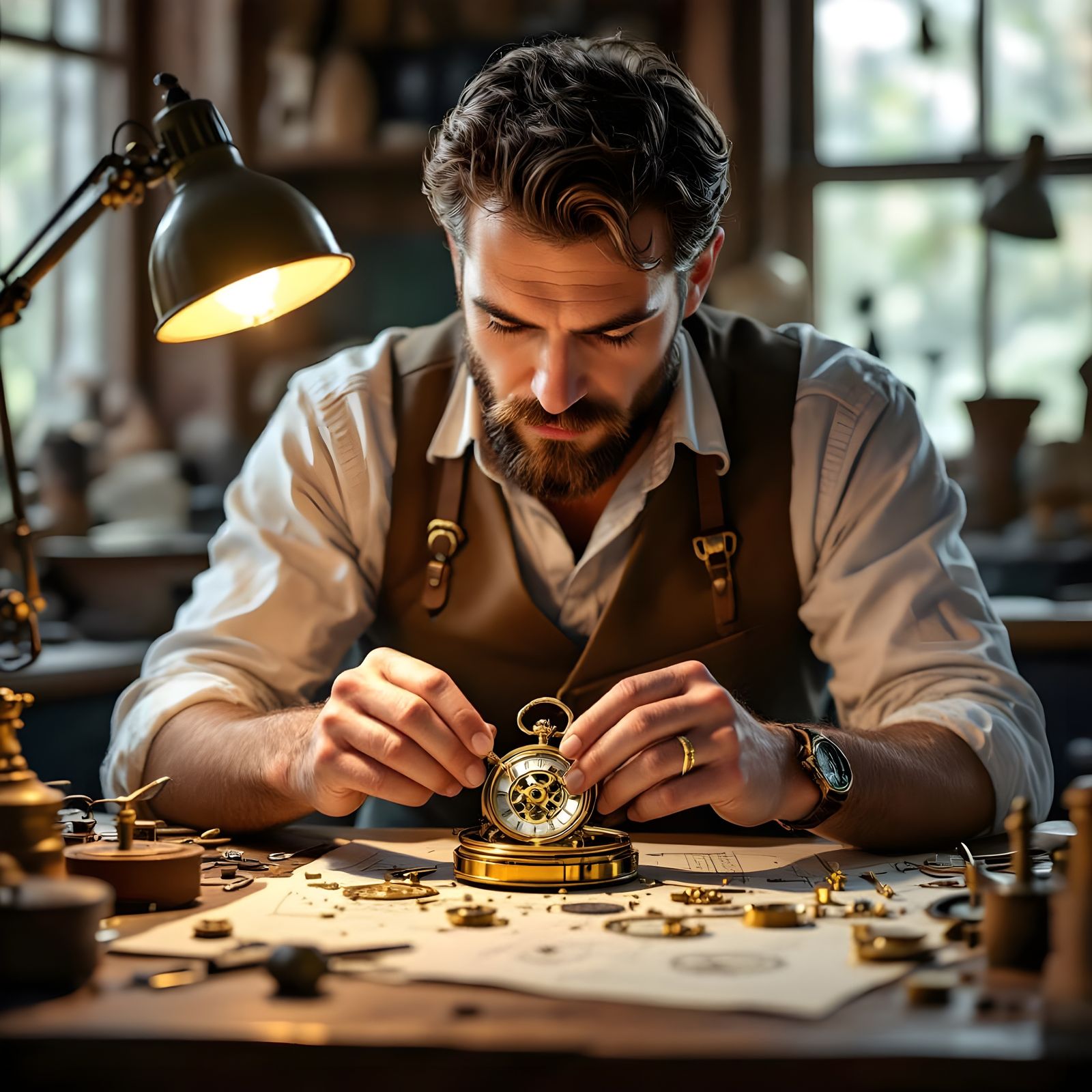Clockmaker Assembling Pocket Watch in Lamp Glow