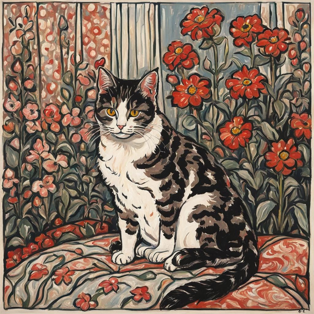 Vibrant British Pop Art of a Cute Cat in Floral Bliss
