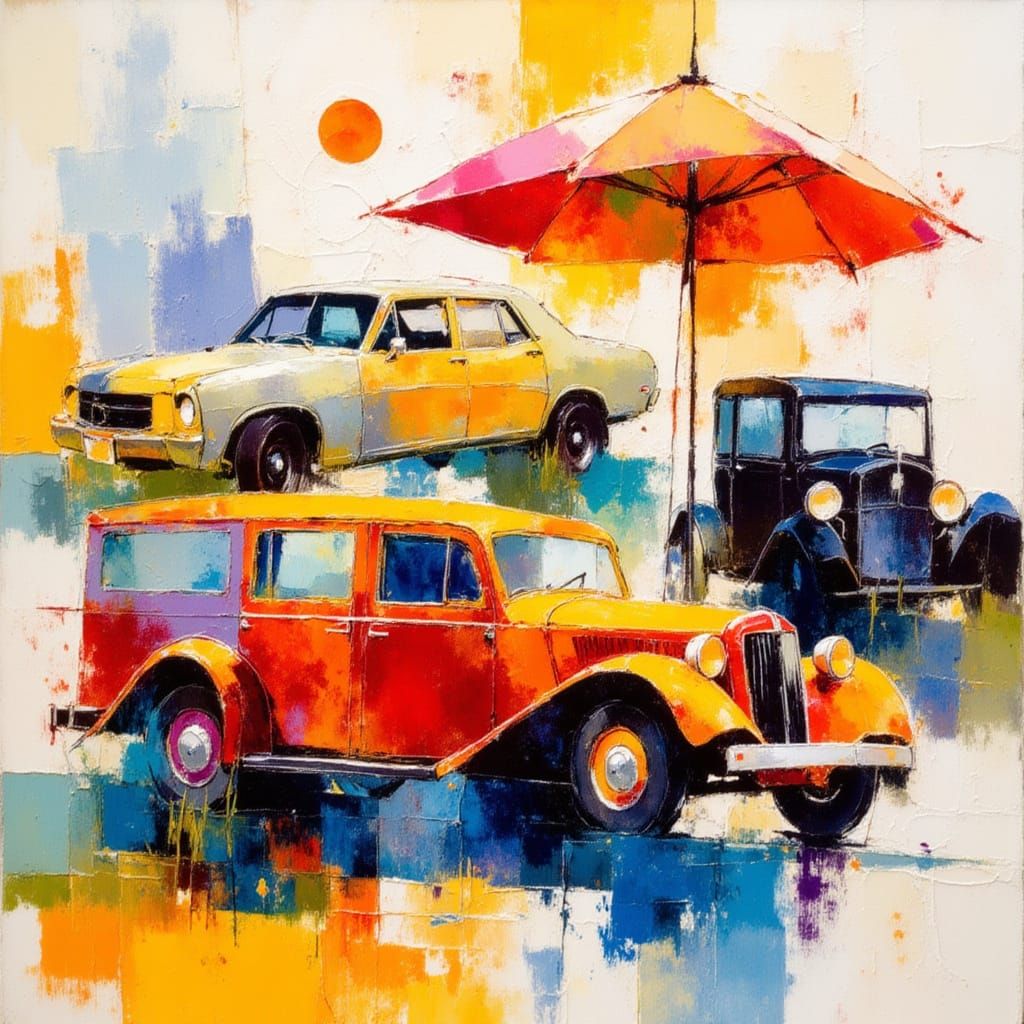 Vibrant Car Collage in Alcohol Ink and Watercolor Style