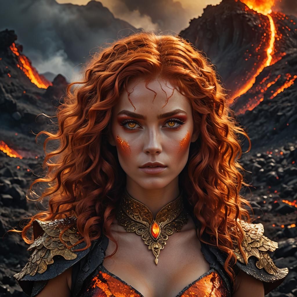 Fiery Haired Magic Woman in Volcanic Landscape