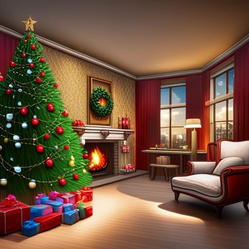 Cozy Christmas Living Room in Hyperrealistic Splash Art