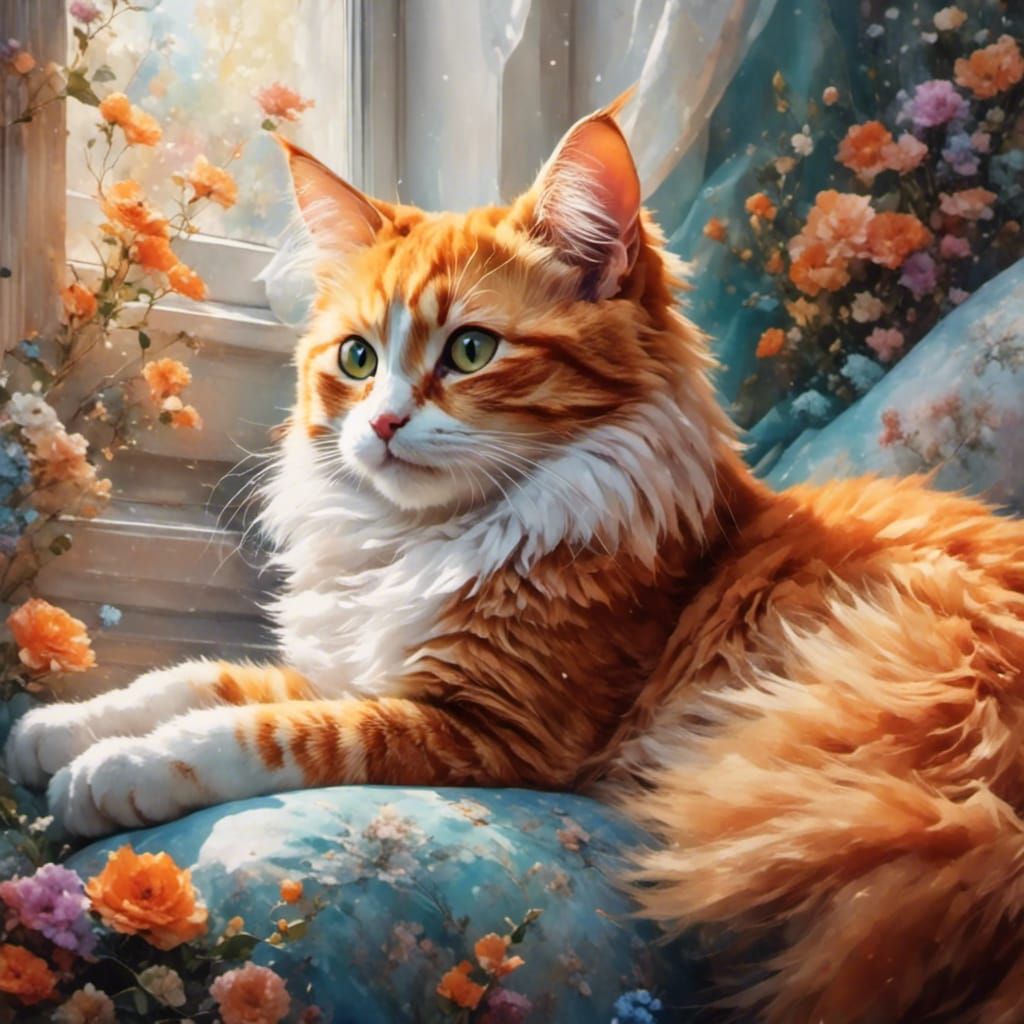 Cute Orange Cat on Pillows in Soft Colors