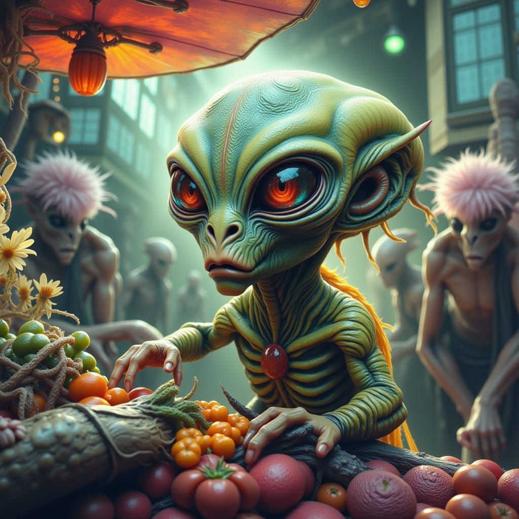 Intricate Alien Food Stall Vendor in Dark Fantasy Style