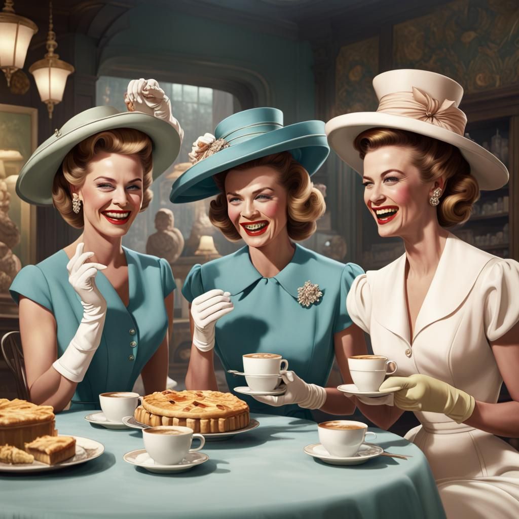 Elegant 1950s Women Enjoying Coffee and Pie