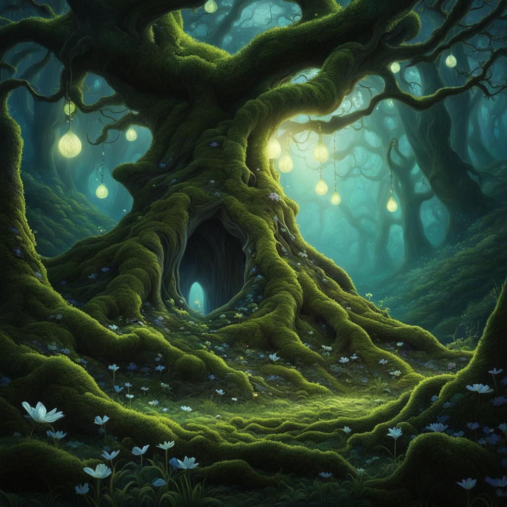A moonlit glade deep within an ancient forest, with towering trees, gnarled roots, and branches that whisper secrets.