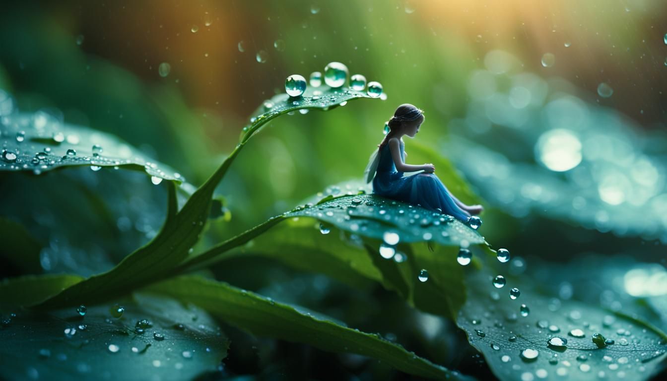 Tiny Fairy Under Leaf in Rain - Cinematic Macro Shot
