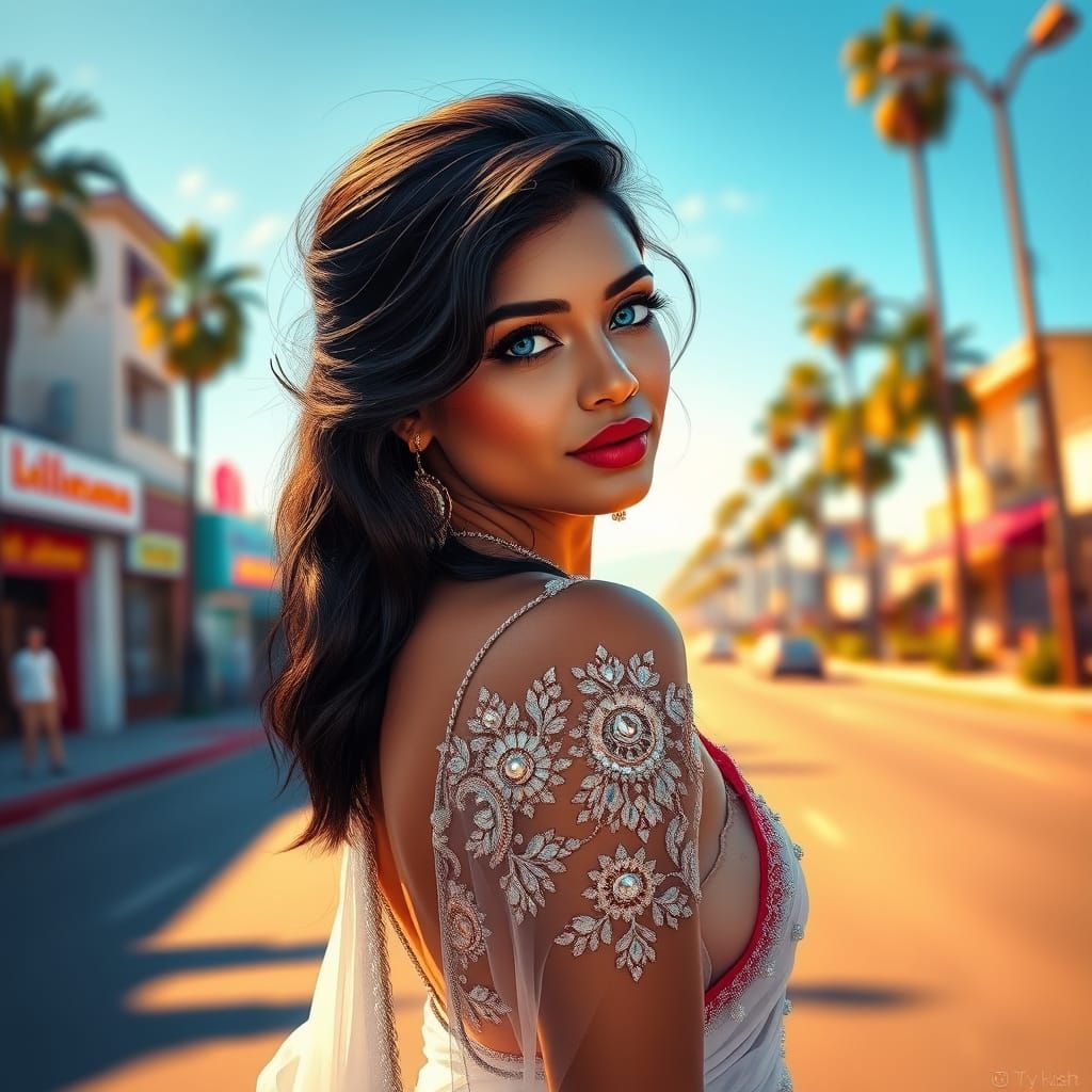 Surreal Indian Goddess Walks Santa Monica Road in Vibrant Hy...