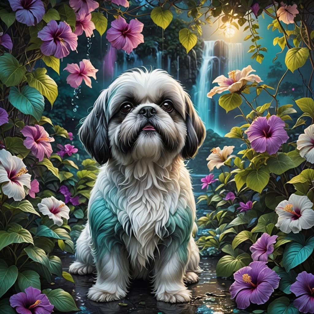 Night Jungle Waterfall with Shih Tzu