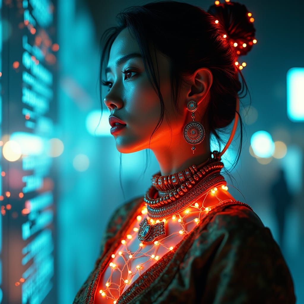 Asian Woman Merged with Technology in Film Noir Style