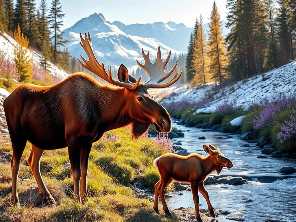 Mother Moose and Baby in Vibrant Alaskan Wilderness